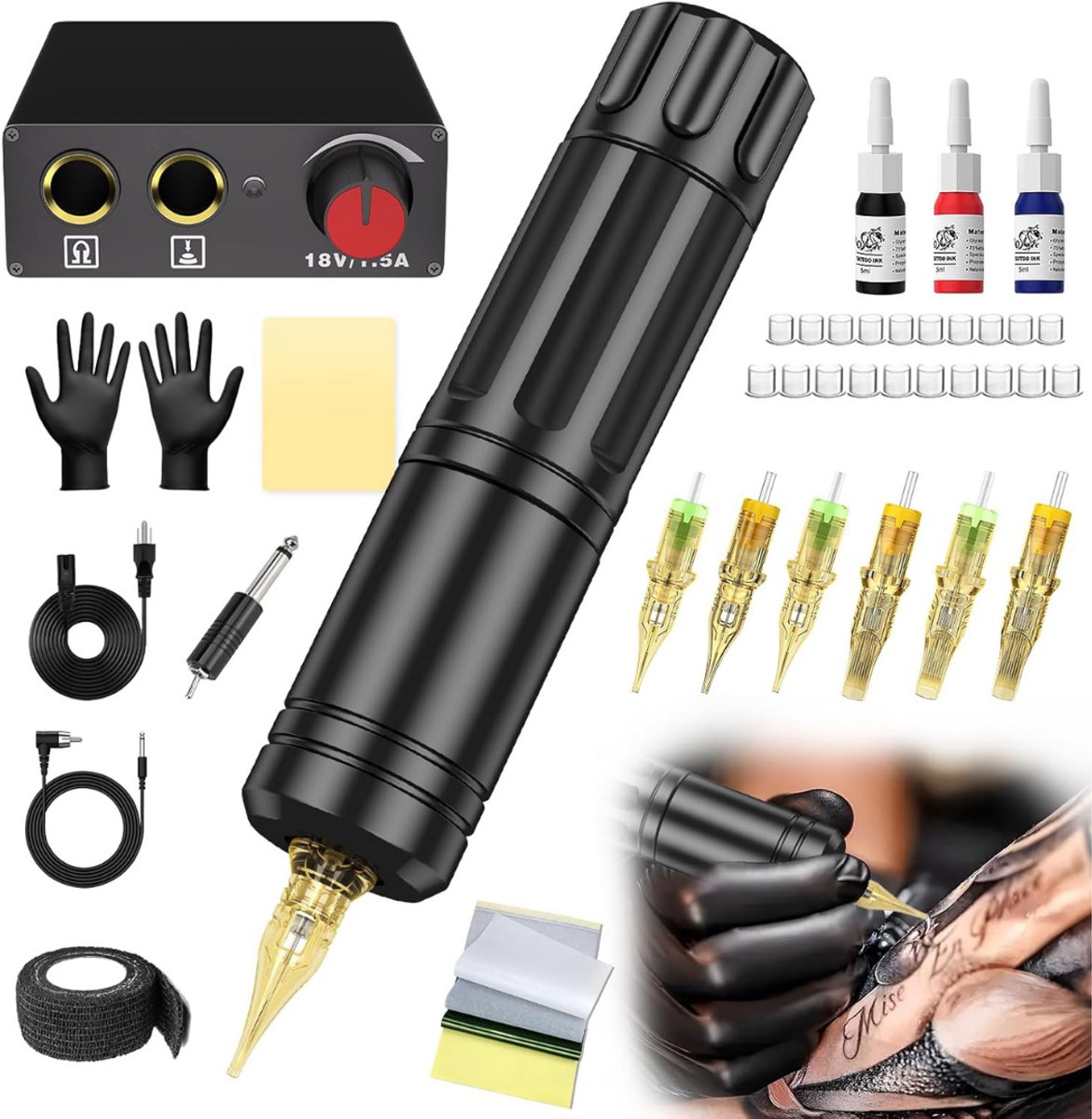 Tattoo Machine met Accessoires - Tattoo Machines Draadloos - Tattoo Set Inclusief Inkt en Naalden - Tattoo Kit -Zwart