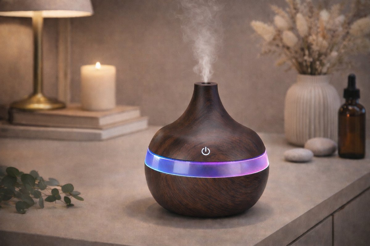 Aroma Cool Mist Diffuser 150ml - Ultrasone Vernevelaar - Etherische Olie Verstuiver - Aromadiffuser - Bevochtiger - Air/Lucht - Aroma Therapie - Verdamper - Geur Verspreider - Luchtbevochtiger - Sfeervolle LED Verlichting - Hout Look — cadeau in Wonen & Interieur - foto 2