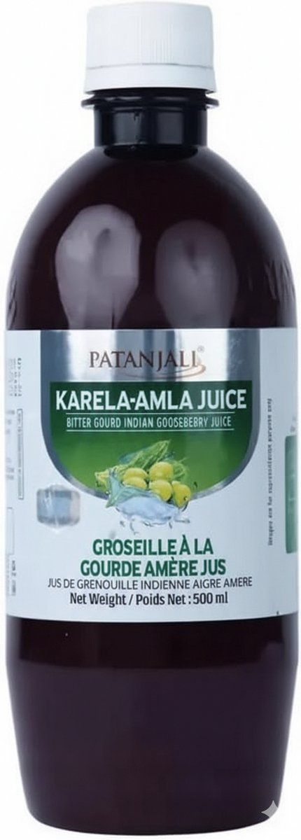 Patanjali Karela Amla Juice 500 ml Bittere Meloensap - Ayurveda Detox Degestie Immuunsysteem | Bloedsuikerondersteuning | Vitamine C Kruidensap | Natuurlijk India met Kajal Sticker