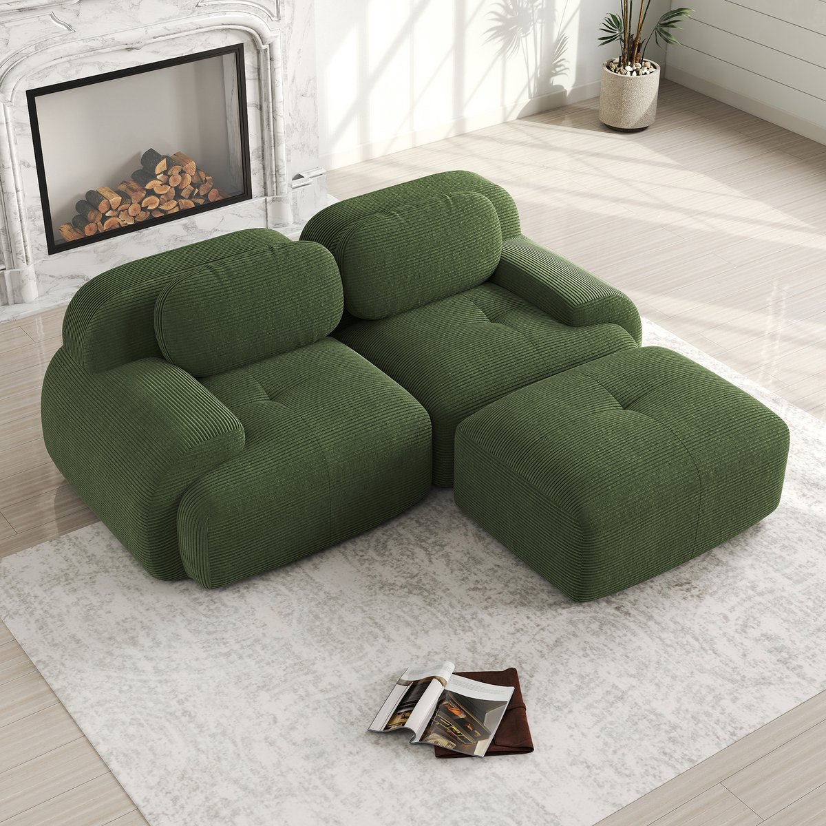 OKWISH Hoekbank 82 Inch - Modulair Zonder Montage Met Gebogen Armleuningen - Ergonomisch Comfort Voor Woonkamer Of Slaapkamer - Corduroy - Groen