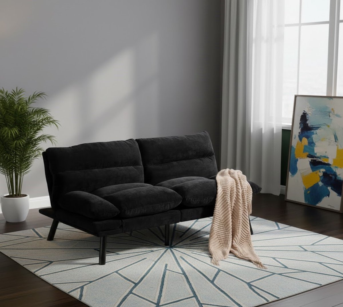 Luxe 2-Zits Slaapbank met Verstelbare Rugleuning en Armleuningen – Moderne Chenille Sofa voor Woonkamer, Appartement of Gastenruimte – Zwart House&Garden