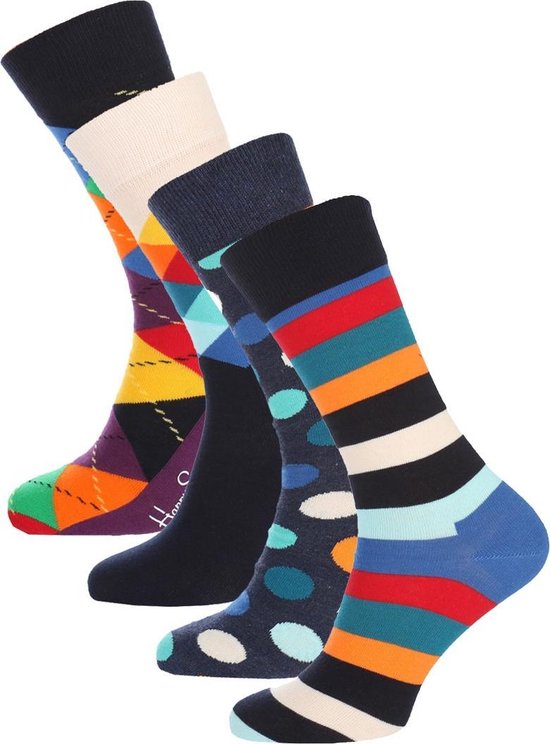 Vijf paar kleurrijke Happy Socks: strepen, stippen, ruiten en blokken.