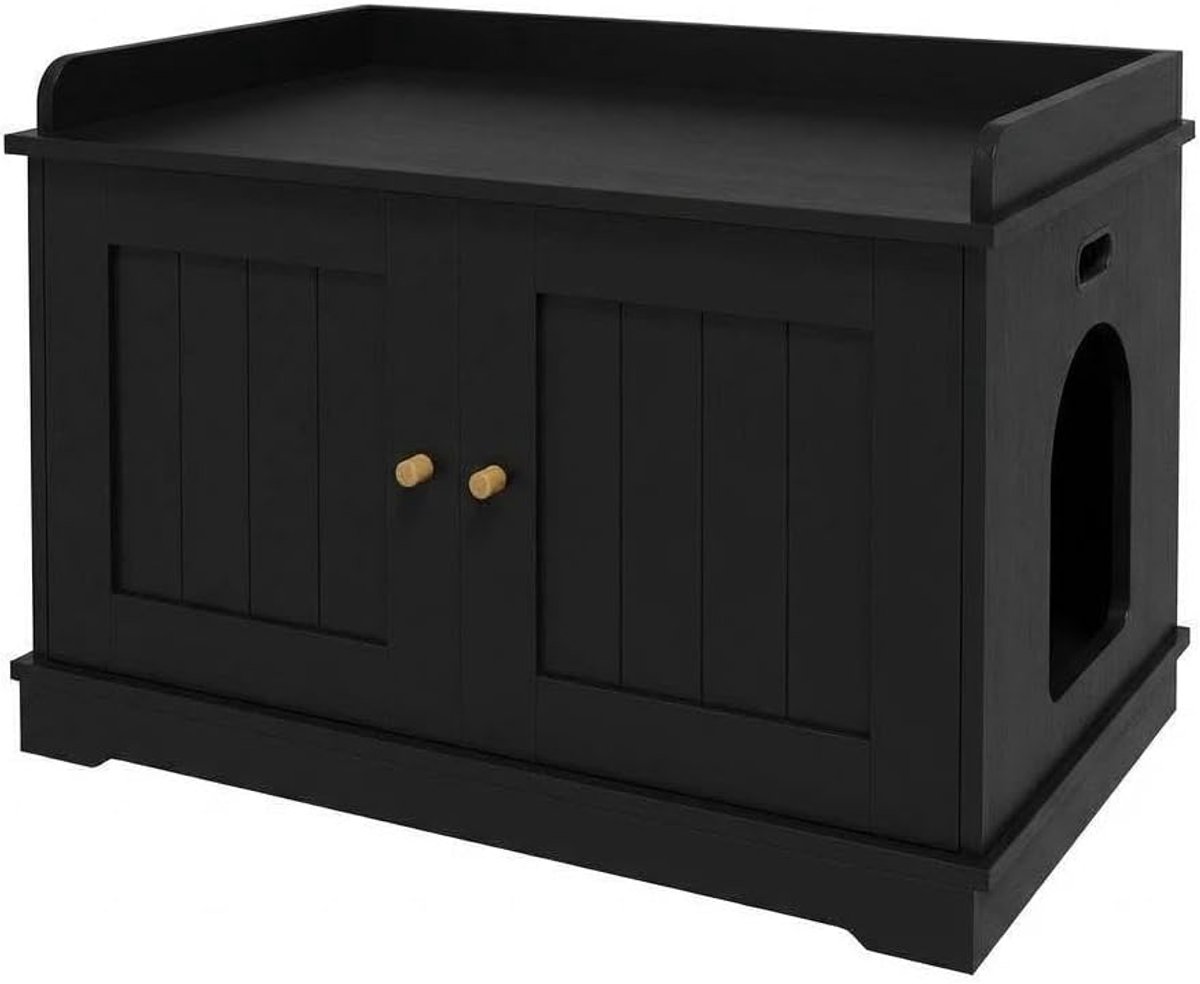 kattenbak, kattenhuis,Houten kattenbakmeubel 80 cm – verborgen kattenbak kast met schuurdeur – kattenhuis & bank – geventileerd – Zwart