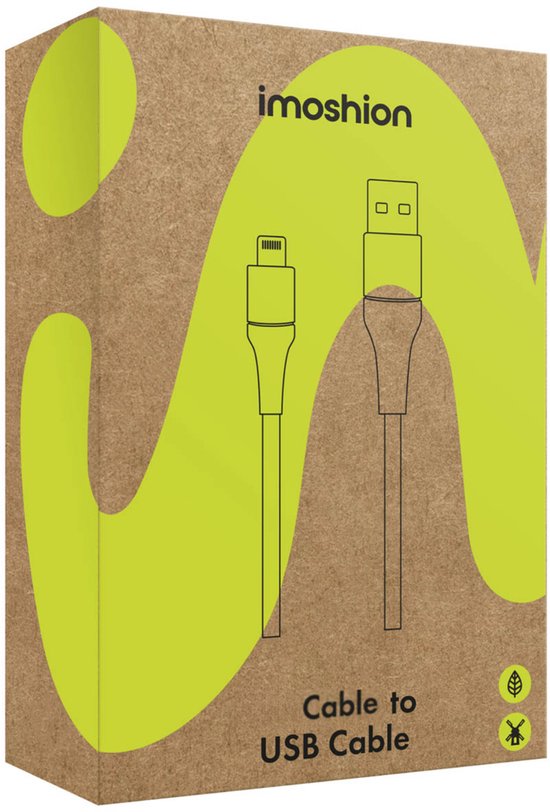 Verpakking van imoshion kabels, met illustraties van aansluitingen en tekst 'Cable to USB Cable'.
