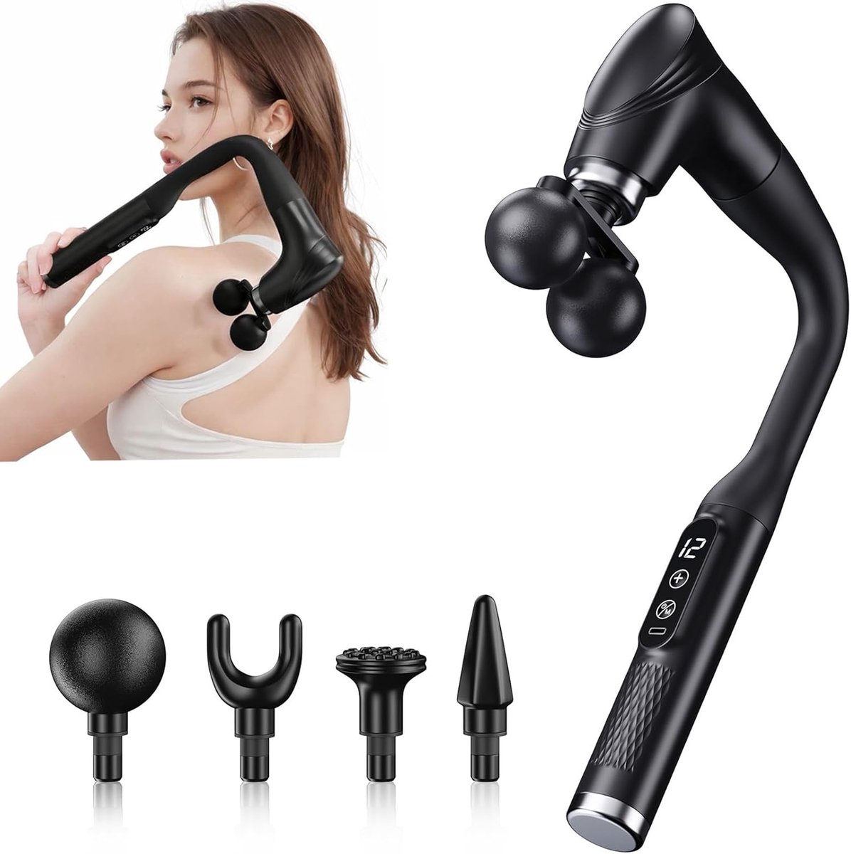 Dual-Head Massage Gun Deep Tissue with Extension Handle, Percussion Muscle Massager for Back, Neck, Shoulders, Waist & Legs, 12 Speed Levels, 5 Replaceable Heads, Pain Relief (Black)，Neck massager, massage hammer, curved fascia gun