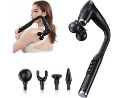 Dual-Head Massage Gun Deep Tissue with Extension Handle, Percussion Muscle Massager for Back, Neck, Shoulders, Waist & Legs, 12 Speed Levels, 5 Replaceable Heads, Pain Relief (Black)，Neck massager, massage hammer, curved fascia gun