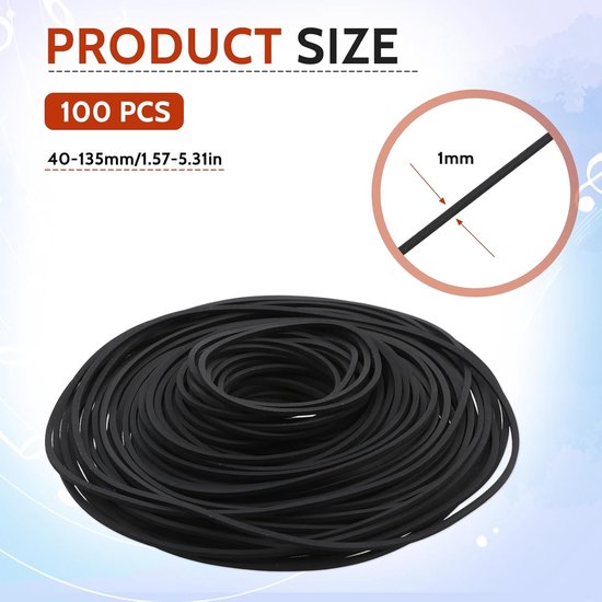 Set van 100 Vierkante Rubberen Aandrijf Riemen / Snaren - 40-135 mm - Breedte 1 mm - Reparatie en onderhoud van bandrecorders - Geschikt voor CD en Dvd-Speler, Cassette Recorder, Platenspeler — afbeelding 3