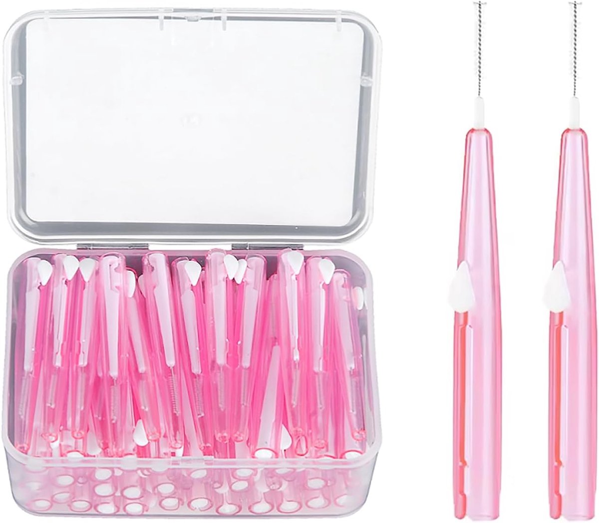 Verpakking met 60 push-pull interdentale borsteltjes van 0,6 mm voor grondige reiniging van kleine ruimtes, roze.
