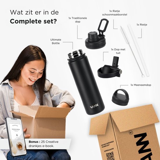 VANN® 3-Wandige RVS Drinkfles 650 ML met rietje voor volwassenen – Met 5 accessoires – Thermosfles – 24 uur koud/12 uur warm – Satin Noir – VANN Ultimate Bottle®