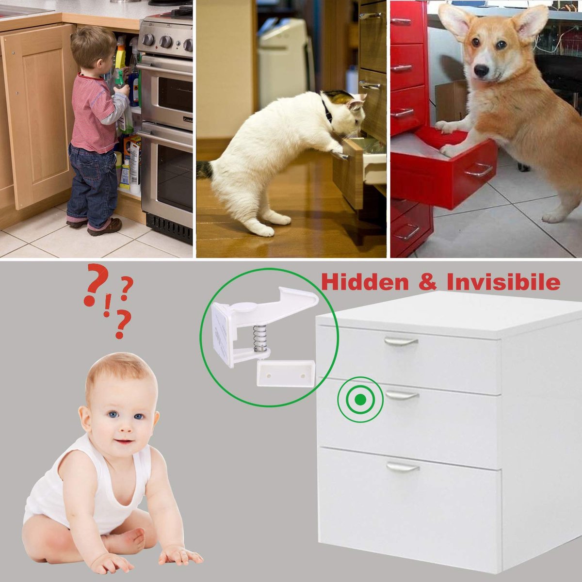 Set van 12 Kastbeveiliging Baby - Kinderslot Kastjes - Kastbeveiliging voor Kinderen - Kinderslot Voor Keukenkasten - Onzichtbaar lade- & kastslot baby - Beveiligingsset - Kastslot - Ladeslot- Kinderbeveiliging - Wit – foto 4