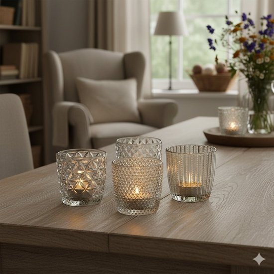 Vier glazen waxinelichthouders met verschillende patronen brandend op een houten tafel.