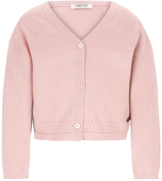 Gilet tricoté rose pâle Like Flo avec col en V, fermeture boutonnée et bord festonné.