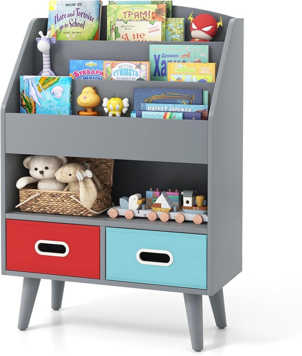 KOMFOTTEU Boekenkast voor kinderen, kinderrek met 3 verdiepingen, open vak, 2 opvouwbare laden en kantelbeveiligingssets, speelgoedrek voor kinderkamer, speelkamer, kleuterschool (grijs)