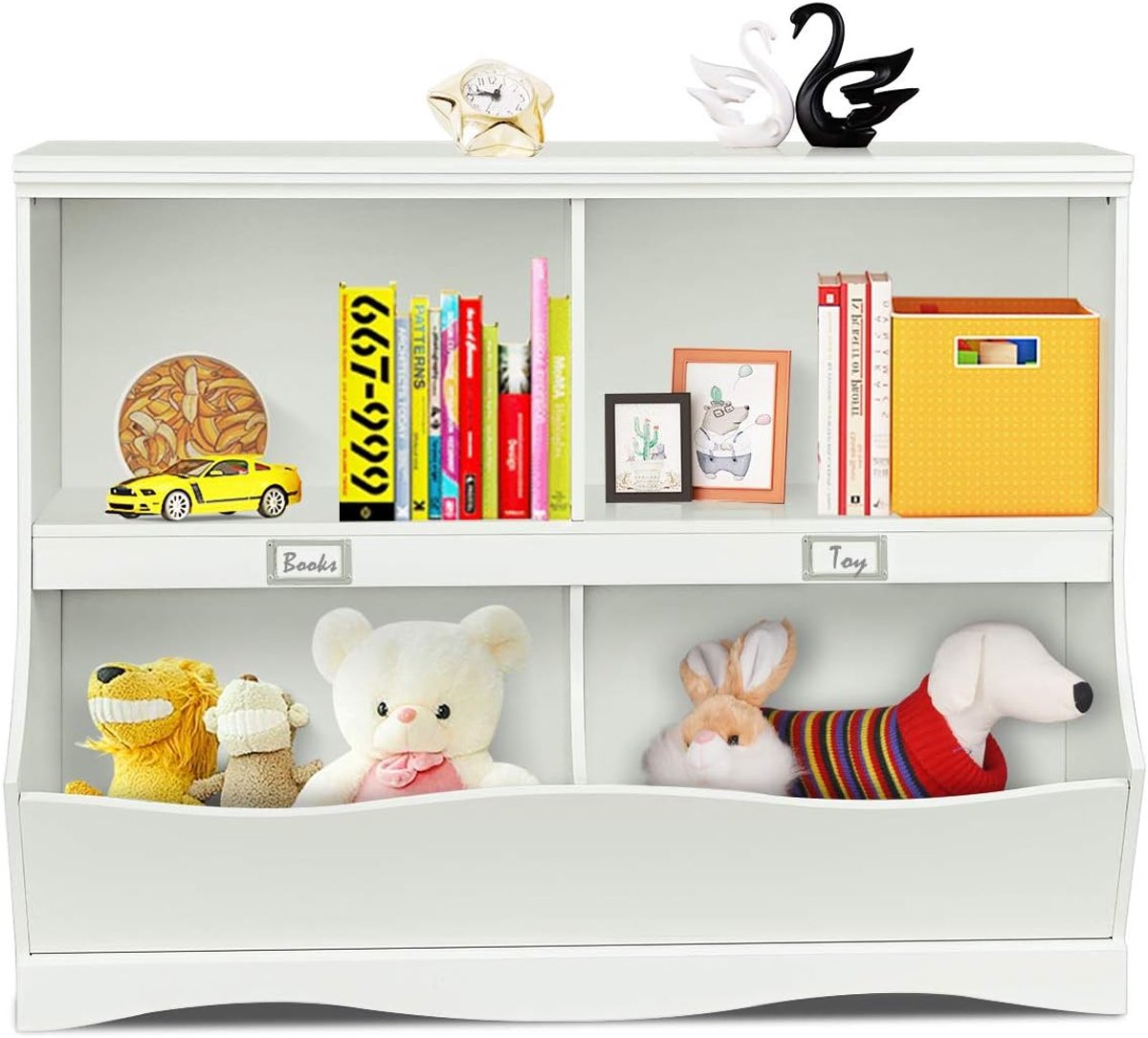 KOMFOTTEU Kinderspeelgoedrek van hout - houten rek - met 4 open vakken en golfbodem - opbergrek voor boeken en speelgoed - voor kinderkamer, kleuterschool en woonkamer - wit