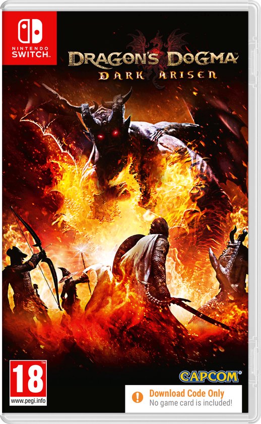Dragon's Dogma Dark Arisen Nintendo Switch boxart met een draak en strijders.