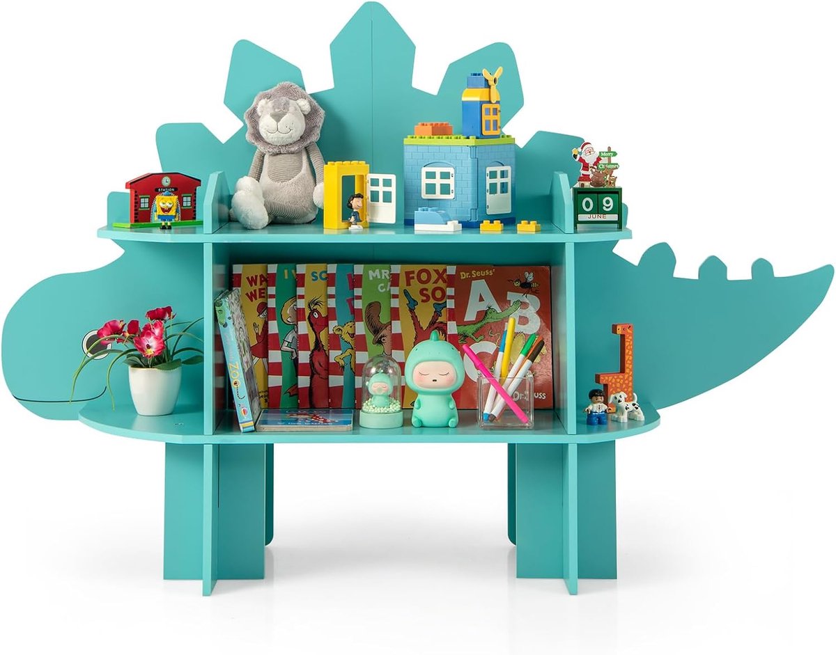 KOMFOTTEU Kinderboekenkast, kinderrek met 2-traps open planken en kantelbeveiliging, houten speelgoedrek voor kleine kinderen in de kinderkamer, kleuterschool (groene dinosaurus)
