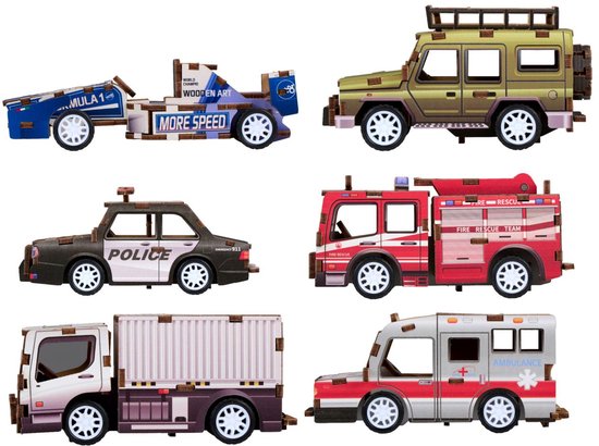Eddy Toys Houten Voertuig Speelgoed Set - Houten Auto Speelgoed Zelfbouw voor Kinderen - Houten Kinderauto Racewagen Brandweer Politie Vrachtwagen Ambulance - 1 willekeurige set