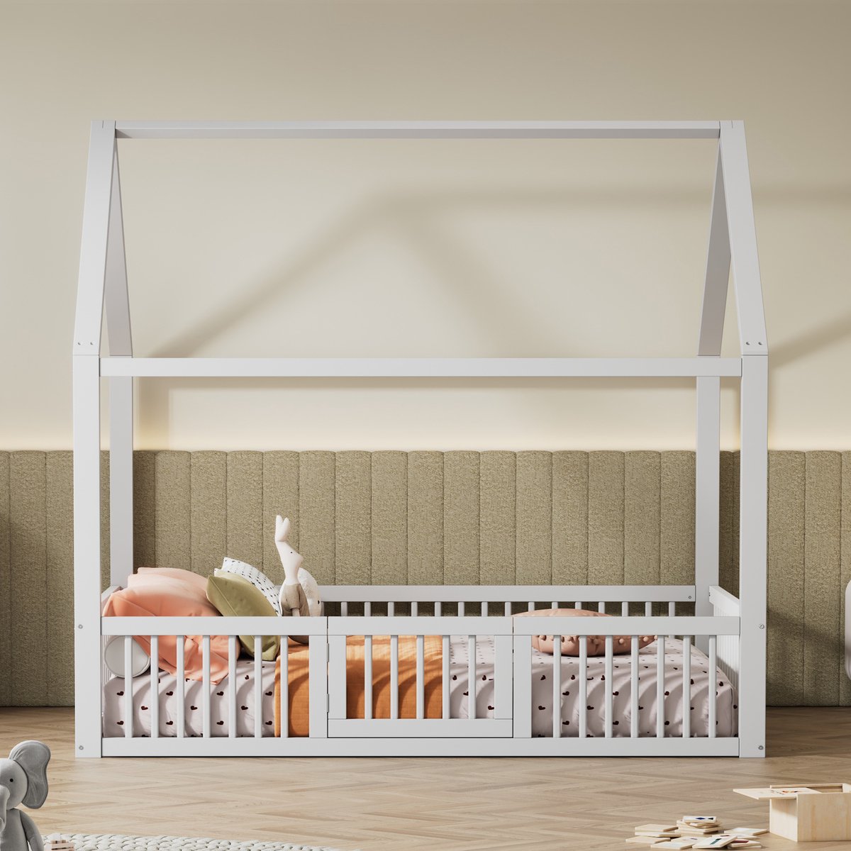 MIVRAY Huisbed 140x200 Cm - Kinderbed Met Rondom Veiligheidshek En Deurtje - Met Lattenbodem - Grenenhout En MDF - Wit - Zonder Matras
