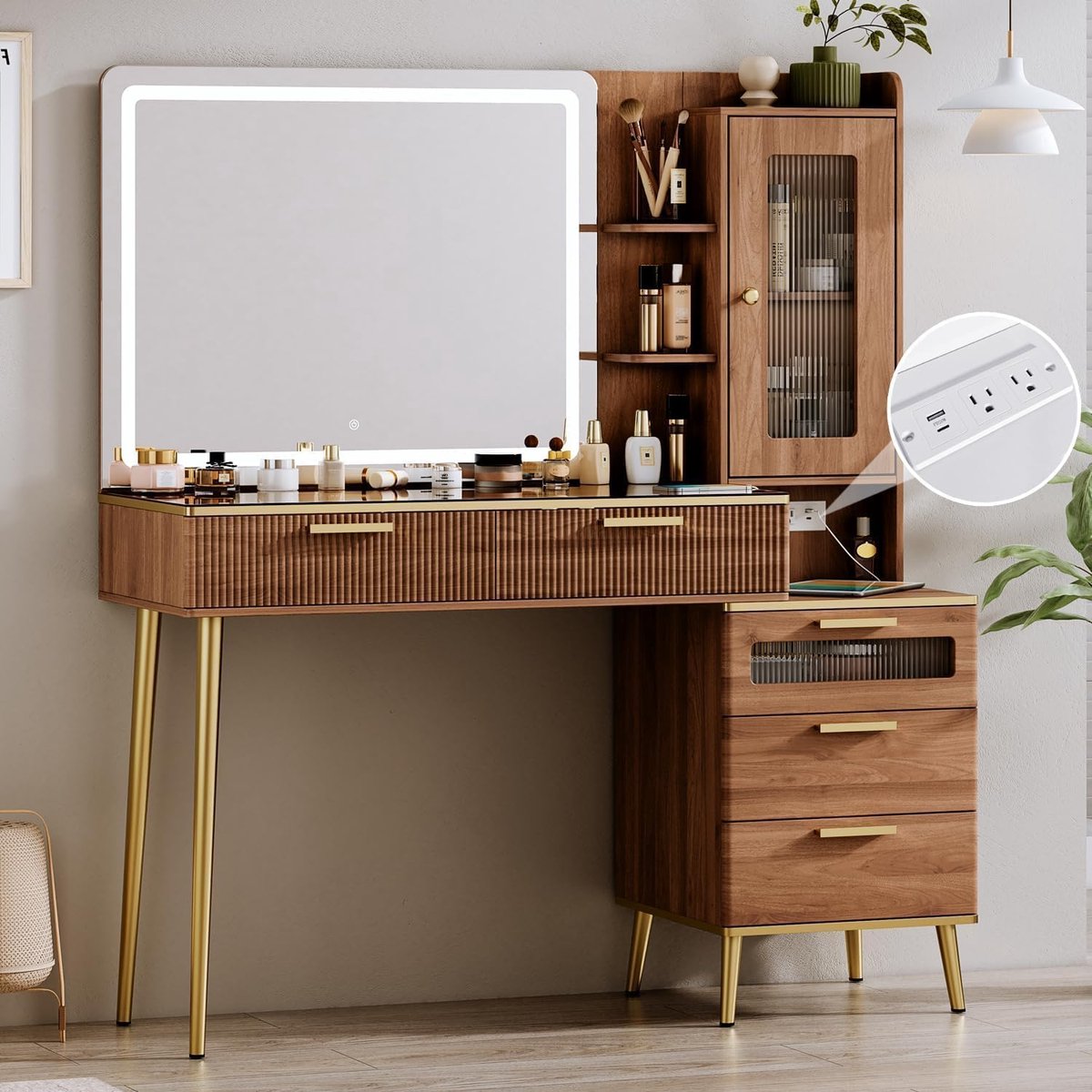Make-up Kaptafel met Spiegel en LED Verlichting 120 cm – Moderne Make-uptafel met 5 Laden, Open Planken, Glasplaat en Stopcontact – Walnoot – Pauwhome