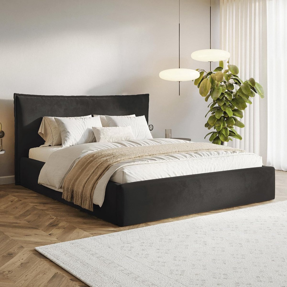 Gestoffeerd Bed 200x200 cm met Opbergruimte & Lattenbodem – Zwart Fluweel – Modern Tweepersoons Bed met Hoofdbord – Pauwhome