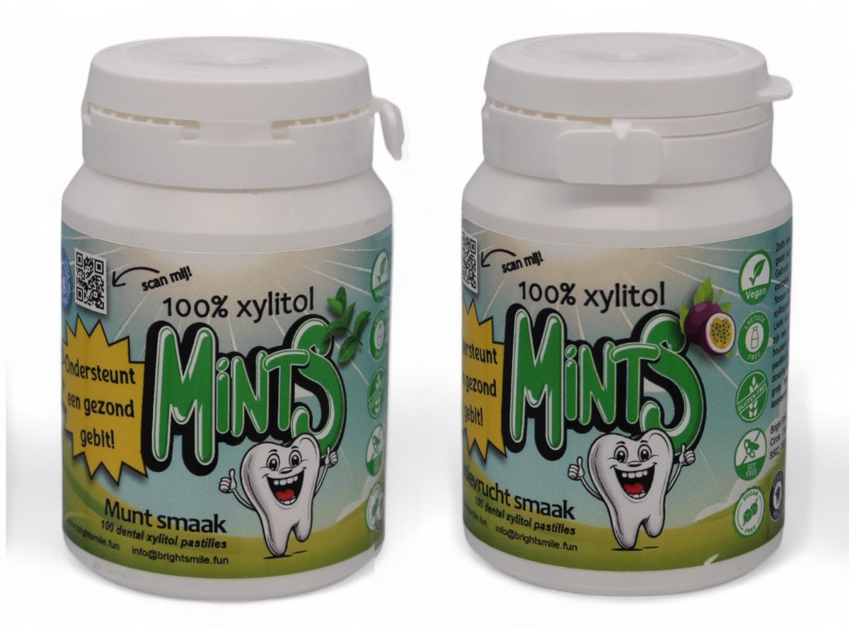 Bright Smile For You 100% Xylitol Mints - Pastilles – Suikervrij – Munt en Passievrucht smaak – Voordeelset 2 stuks – Tegen droge mond & tandplak