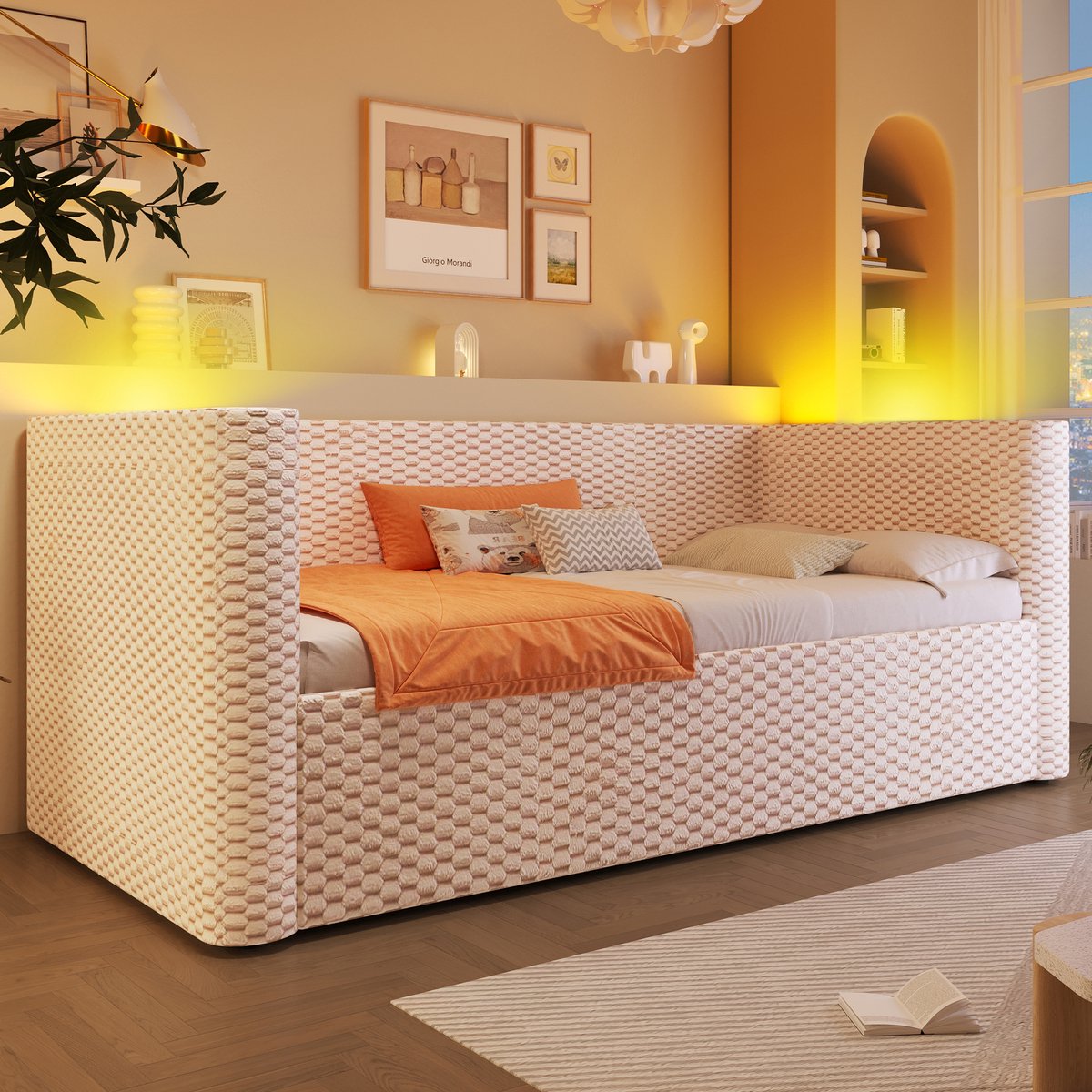 Merax Slaapbank 90 x 200 cm - met LED-verlichting - met hydraulische opbergruimte - zonder matras - beige