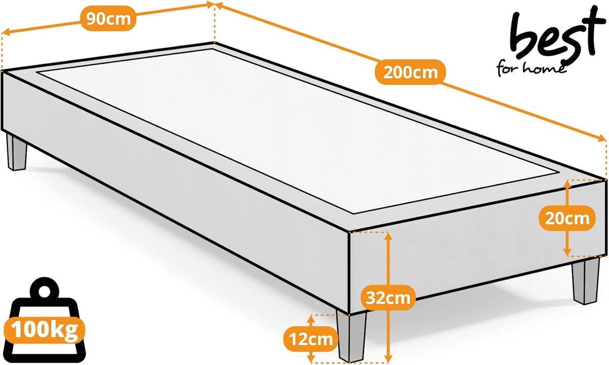 Boxspring Bedframe 90x200 cm – Luxe Hotelbed Frame Zonder Matras – Massief Houten Boxspring Onderstel met Stof Trinity Waterafstotend & UV-Bestendig Grafietgrijs – Pauwhome