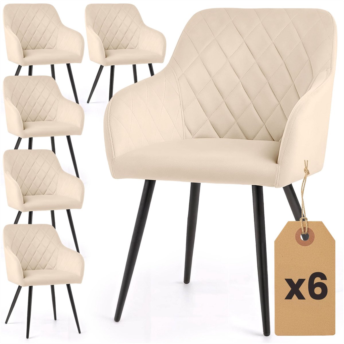 Set van 6 Eetkamerstoelen VELTO met Armleuningen / Gestoffeerde Stoelen / Fluwelen Stoelen en Metalen Poten / Beige met zwarte benen