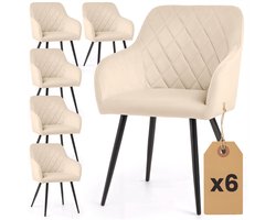 Set van 6 Eetkamerstoelen VELTO met Armleuningen / Gestoffeerde Stoelen / Fluwelen Stoelen en Metalen Poten / Beige met zwarte benen