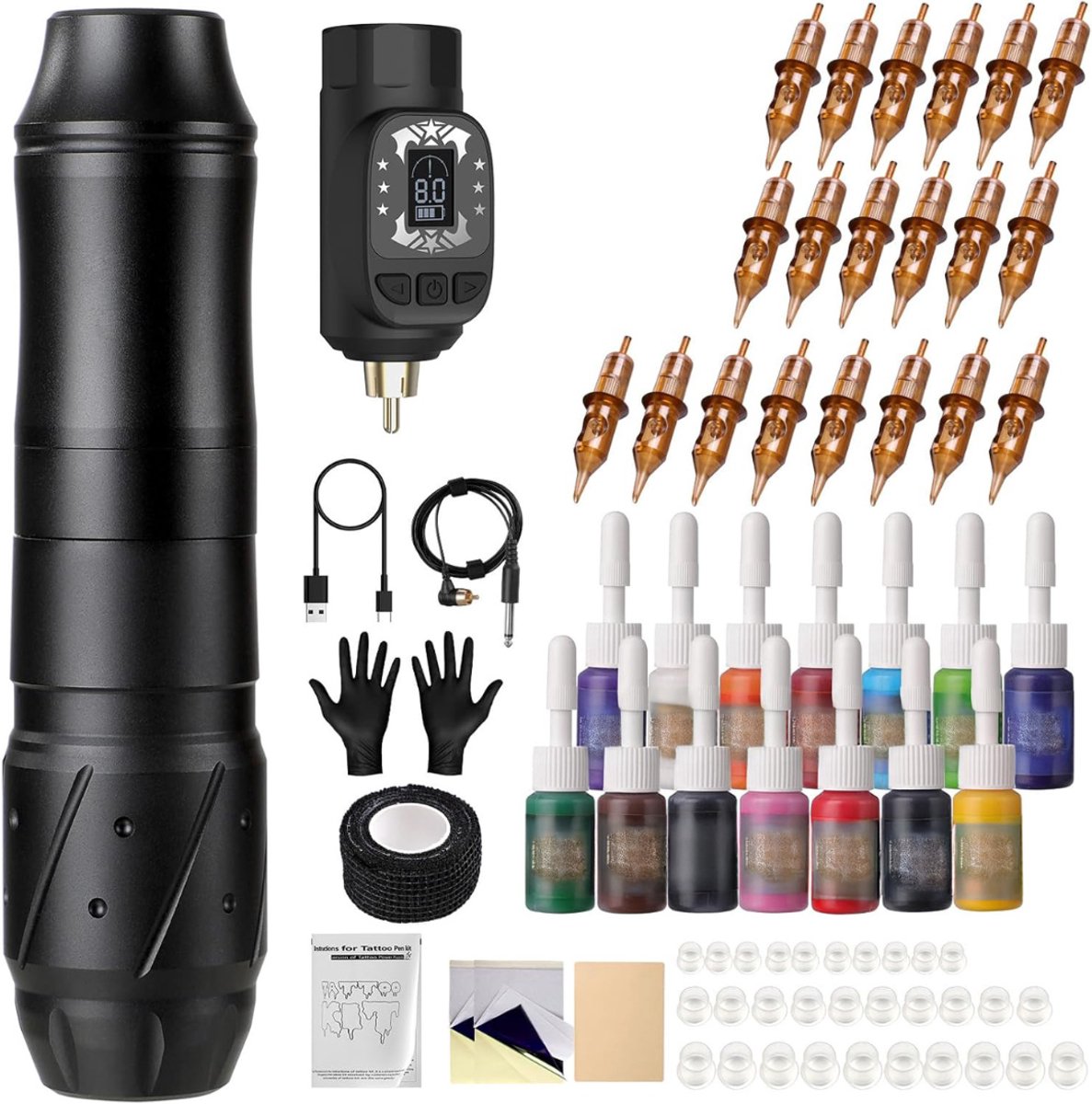 Tattoo Machine met Accessoires - Tattoo Machines Draadloos - Tattoo Set Inclusief Inkt en Naalden - Tattoo Kit -Zwart