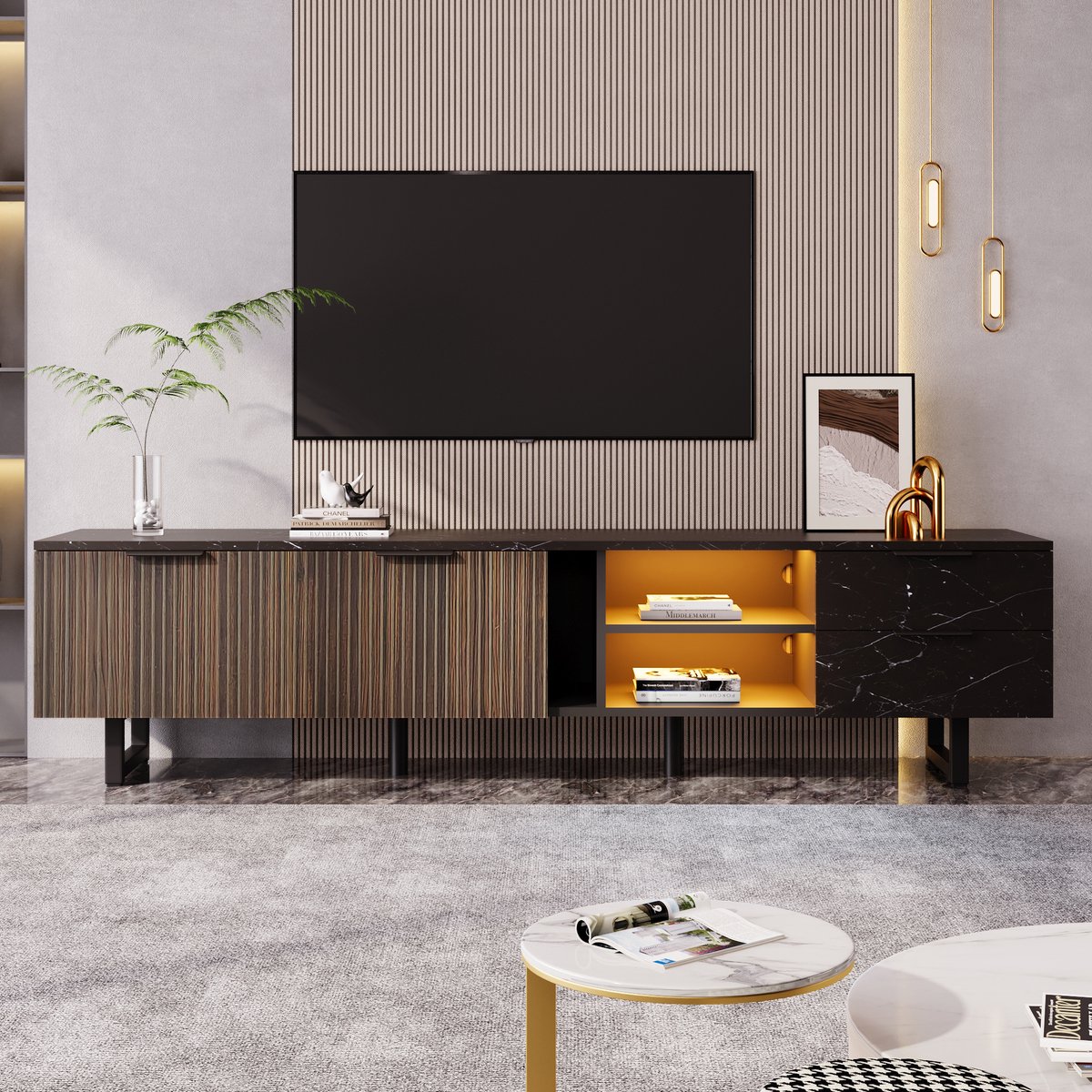 MIVRAY Tv Meubel - Zwart Marmerlook Met Led Verlichting - 2 Deuren 2 Lades En Vakken - Robotstofzuiger Vriendelijk - 200x38x50 Cm Bruin