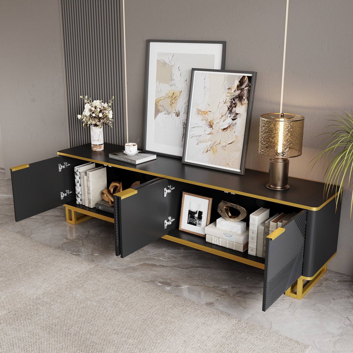 MIVRAY Tv Meubel - Geometrisch Reliëf Met 4 Deuren En Kabeldoorvoer - Opbergkast Voor Woonkamer - MDF Met Metalen Frame - Zwart - 160x37,5x48 Cm