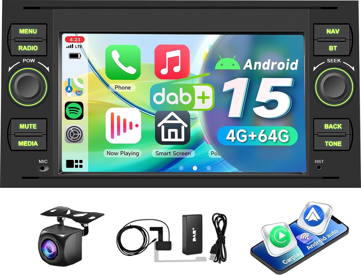 ESSGOO Autoradio voor Ford Transit MK7, Focus MK2, Fiesta MK5, C-Max, S- Max - Android 15 4+64GB- Apple Carplay & Android Auto - 7'' Touchscreen - DAB & Achteruitrijcamera