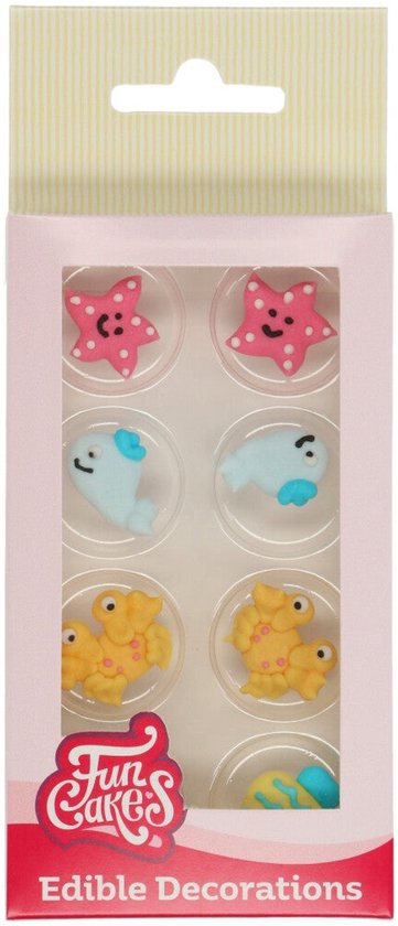 Verpakking met 8 eetbare FunCakes zeeleven decoraties, waaronder zeesterren, dolfijnen en krabben.