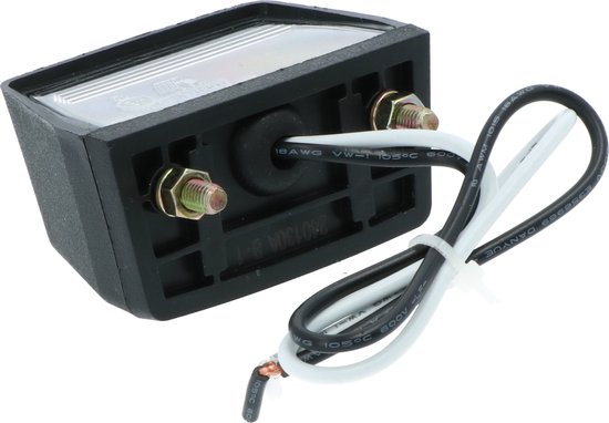 Kentekenplaatverlichting met zwarte behuizing, transparante kap en bedrading.