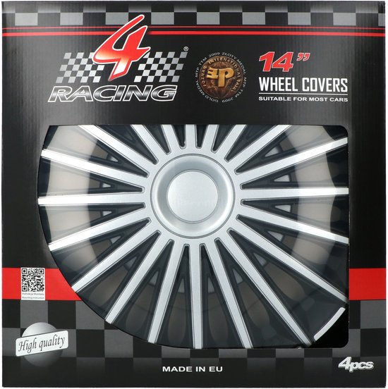 Verpakking met 4 wieldoppen van 14 inch in zilver en zwart, 'High quality', '4 RACING'