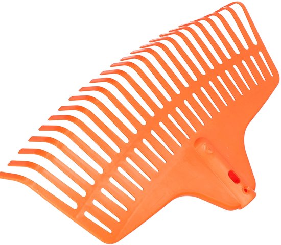 Een oranje kunststof bladhark met 23 tanden, schuin van bovenaf gefotografeerd.