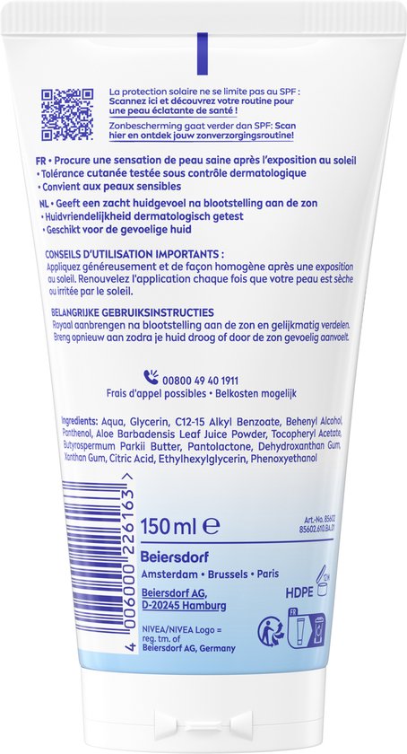 Witte tube met blauwe en groene tekst. Bevat de tekst 'NIVEA SUN After Sun Sensitive 150 ml' en ingrediënten.