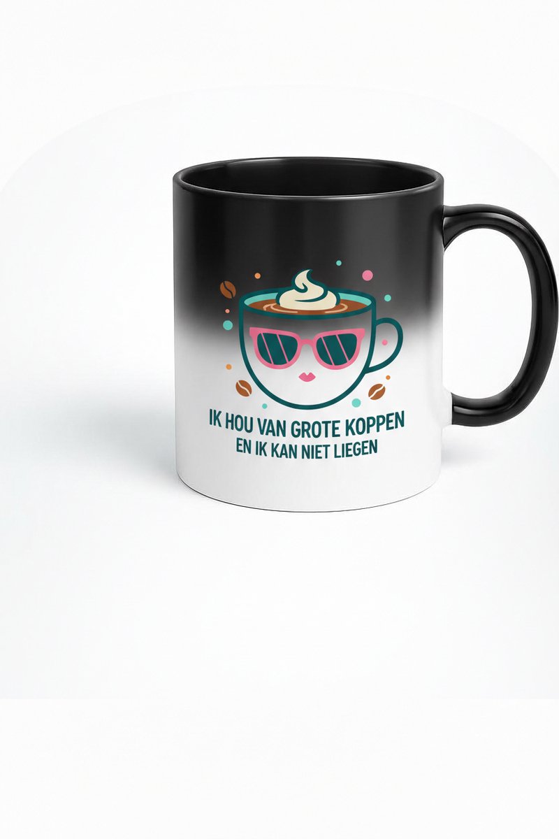 Magische Koffiemok met "Ik hou van grote koppen" Design - Zwart