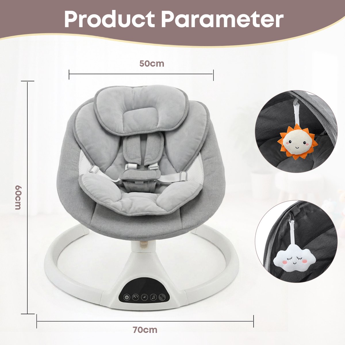 3Babies Elektrische Babyschommel – Grijs en Wit thumbnail 5