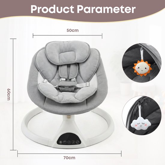 3Babies® Baby Swing - Elektrisch Wipstoel - Babyschommel - Elektrische Schommelstoel baby - Verstelbaar - Wasbare Bekleding - Afstandsbediening en App - Grijs en Wit van 3Babies® — afbeelding 4