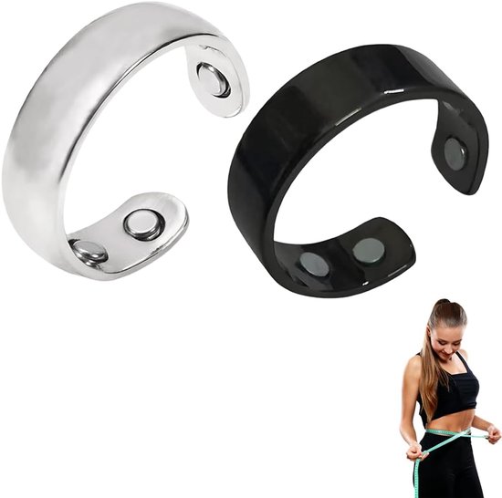 Ring, set van 2 vitale ringen, menopauze, magnetische ring, dames, verstelbaar, comfortabel, open ontwerp voor elke vinger,Zilver + Zwart