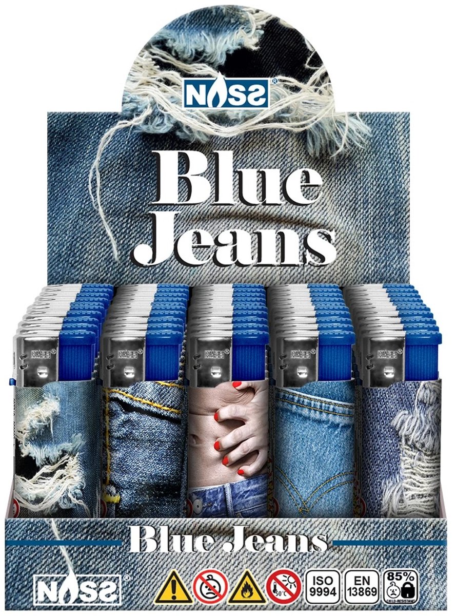 Elektronische aansteker hervulbaar - Design Blue Jeans - Display 50 stuks - wegwerpaansteker - electronic lighter - klik aanstekers