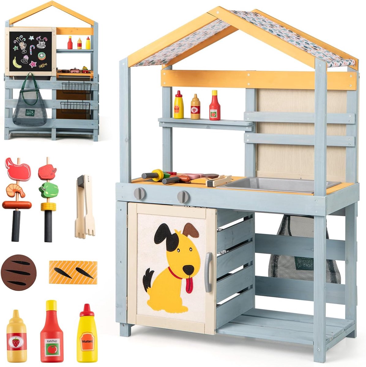 KOMFOTTEU 2-in-1 Modderkeuken Hout voor buiten, dubbelzijdige buitenkeuken - buiten speelkeuken - voor kinderen vanaf 3 jaar - met krijtbord, barbecue, oven, luifel en barbecueaccessoires