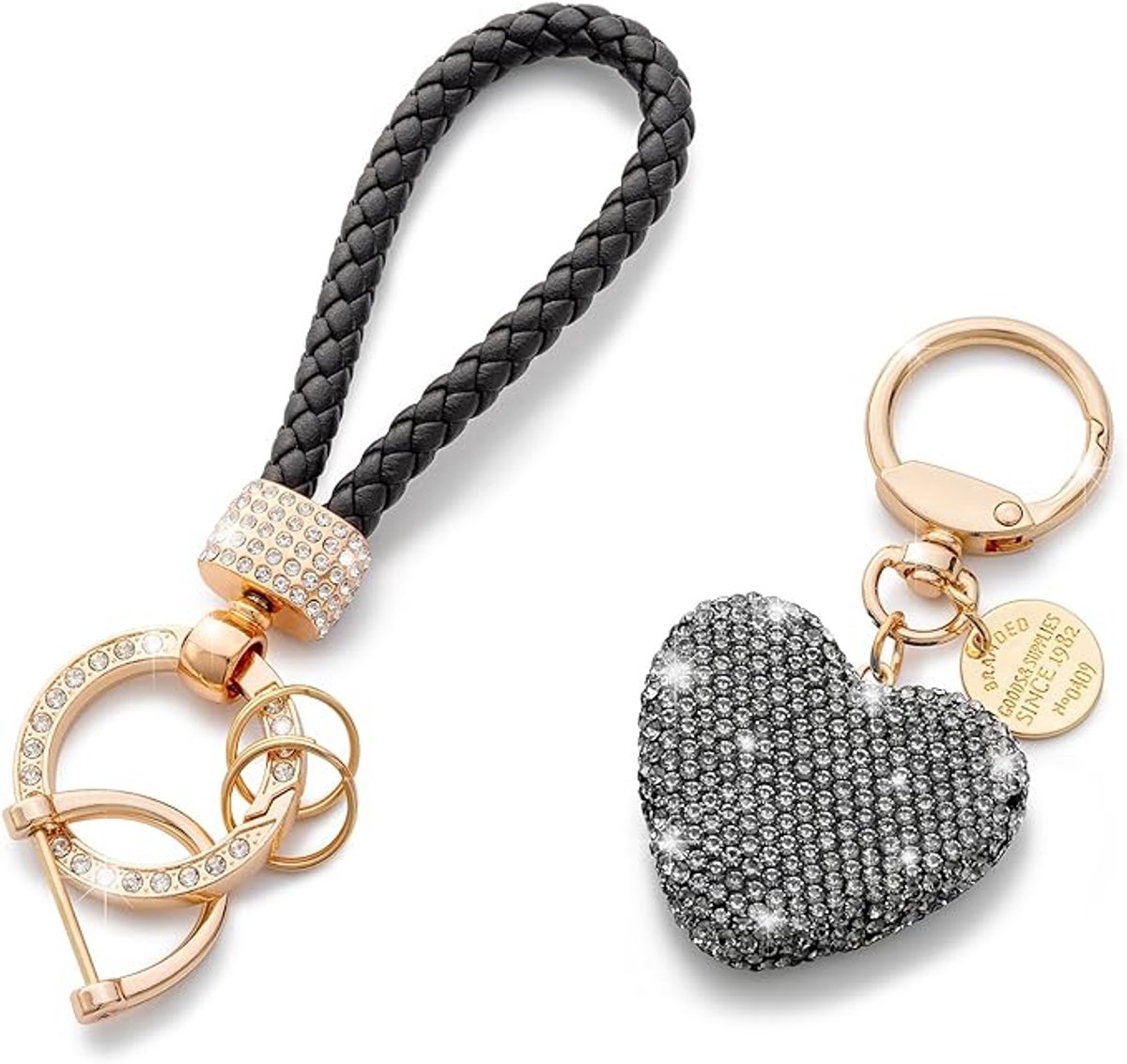 Luxe Sleutelhanger met Hart – Strass & Roségoud – Gevlochten Koord – Dames – Cadeau-idee