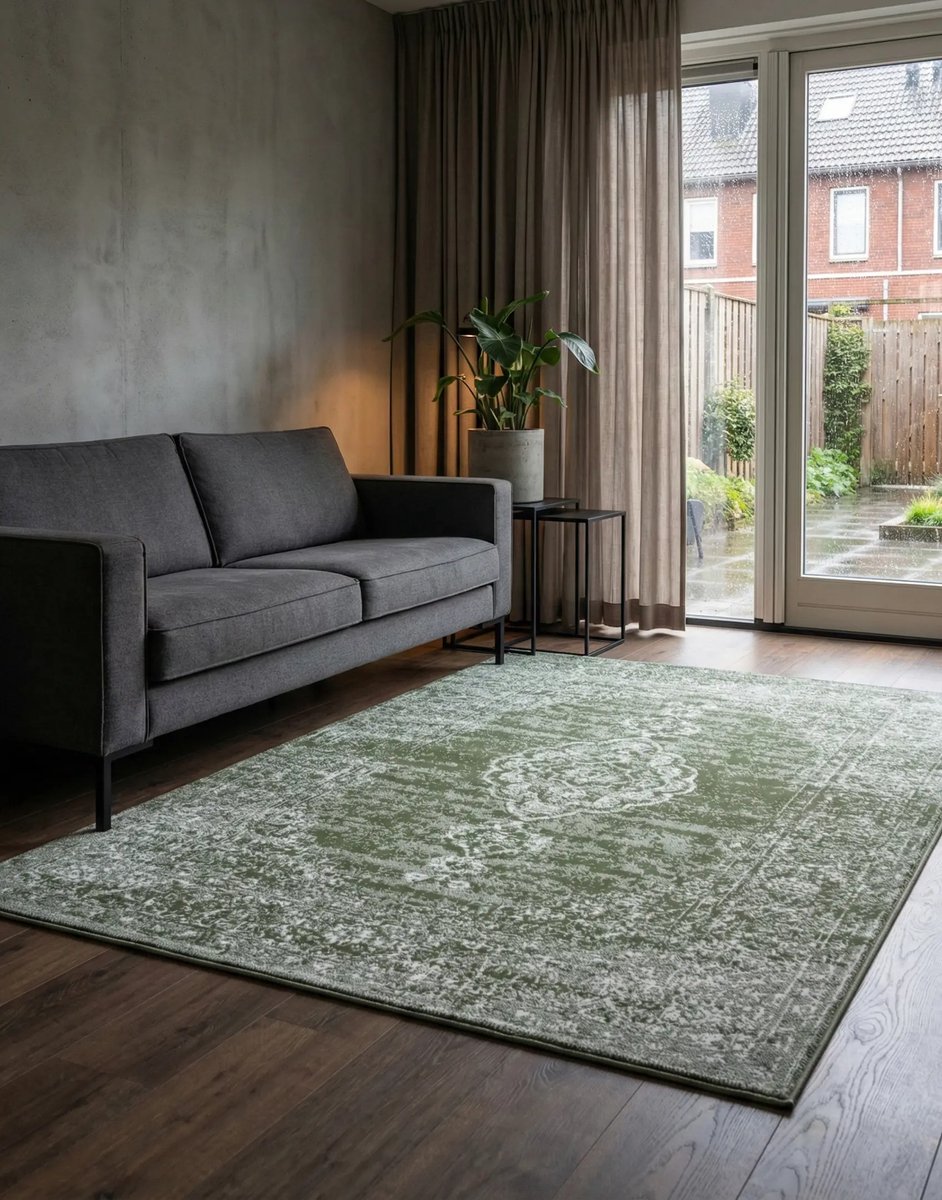 flycarpets Vintage Laagpolig Vloerkleed - Gloria - Groen - 80x150 cm