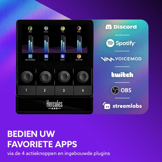 Zwarte audiocontroller met display dat Discord, Spotify, Voicemod, Twitch, OBS en Streamlabs toont. Bedienen met 4 knoppen.