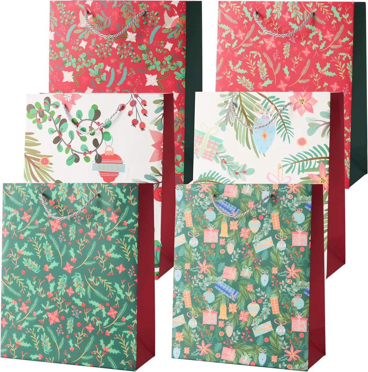 6 kerstcadeauzakjes met stevige hengsels in feestelijke ontwerpen - bloemig thema - set van 6 - 32cm x 26cm