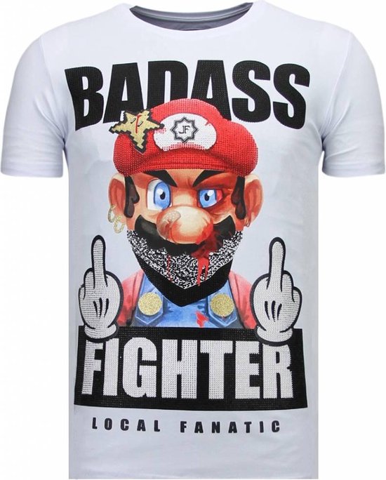 Fight Club Mario - Rhinestone T-shirt - Wit