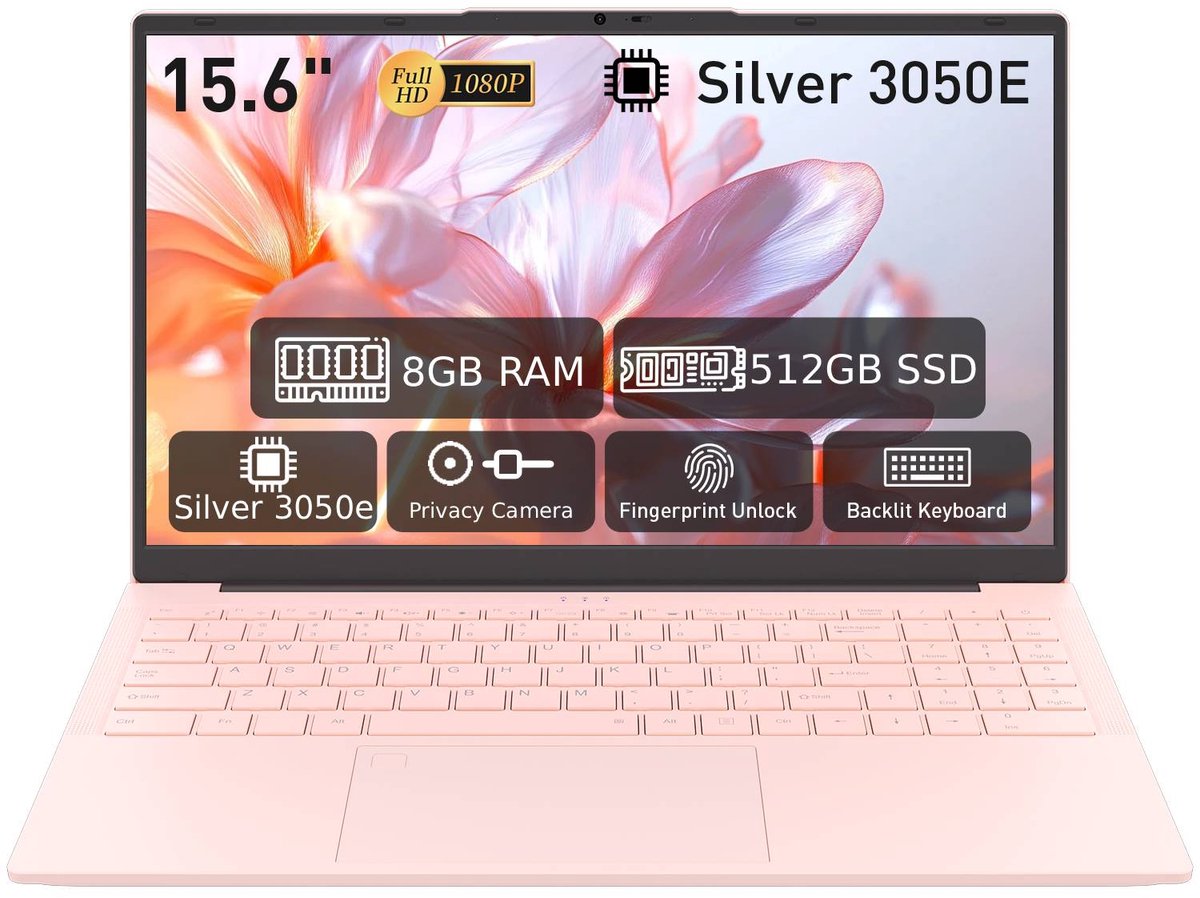Laptop 15,6 inch, 8 GB DDR4, 512 GB SSD, Dual-Core 3050E (tot 2,80 GHz), notebook met vingerafdruksensor, verlicht toetsenbord, dubbele luidsprekers, HDMI, laptop voor studenten en kantoor